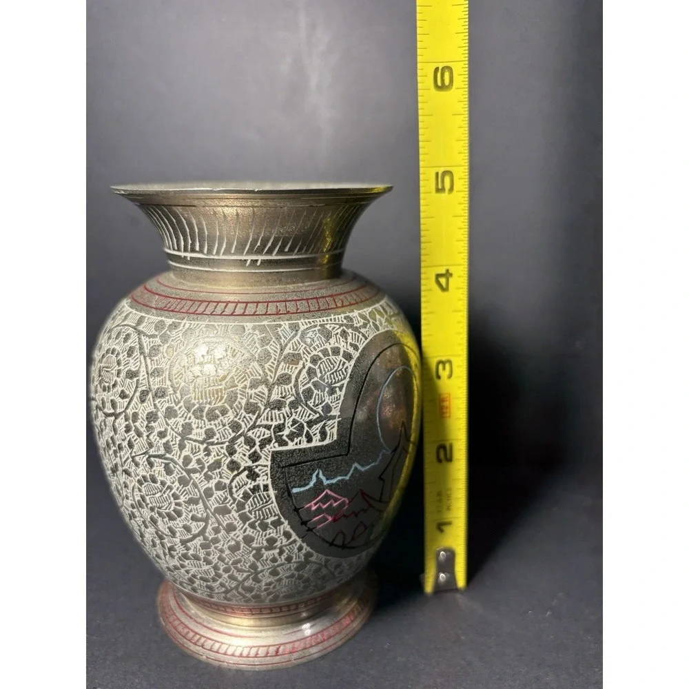 VTG Indian Brass Etched Vase 6